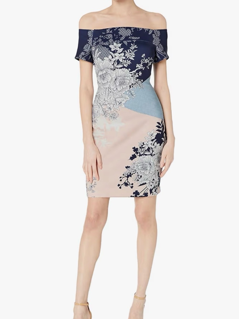 Guess Off-the-Shoulder Floral Panel Mini Dress in Navy and Cream - Picture 13 of 15